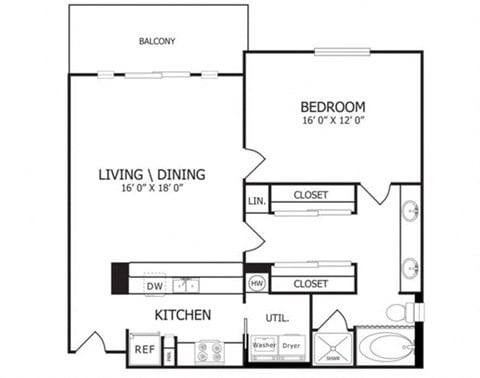 Floor plan for 1 bed, 1 bath, 850 sqft